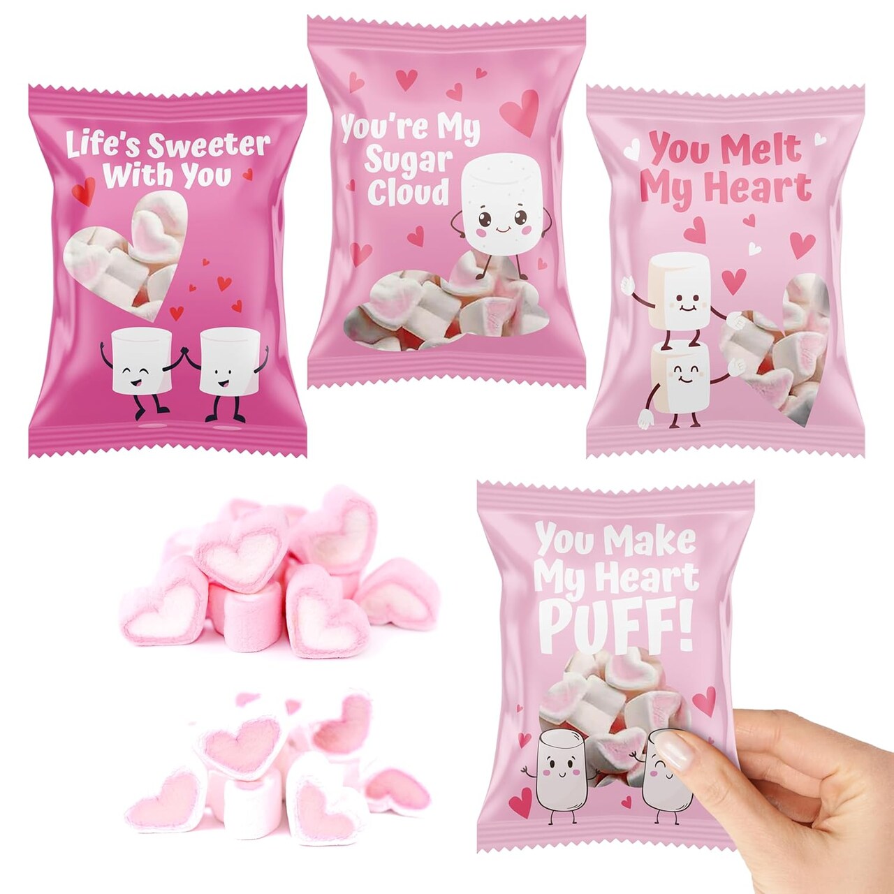 4E's Novelty Heart Marshmallows (24 Packets), Heart Shaped Marshmallows Mini Individually Wrapped Valentines Candy Bulk for Kids Classroom Exchange, Fun Valentine Marshmallow Hearts & Party Favors